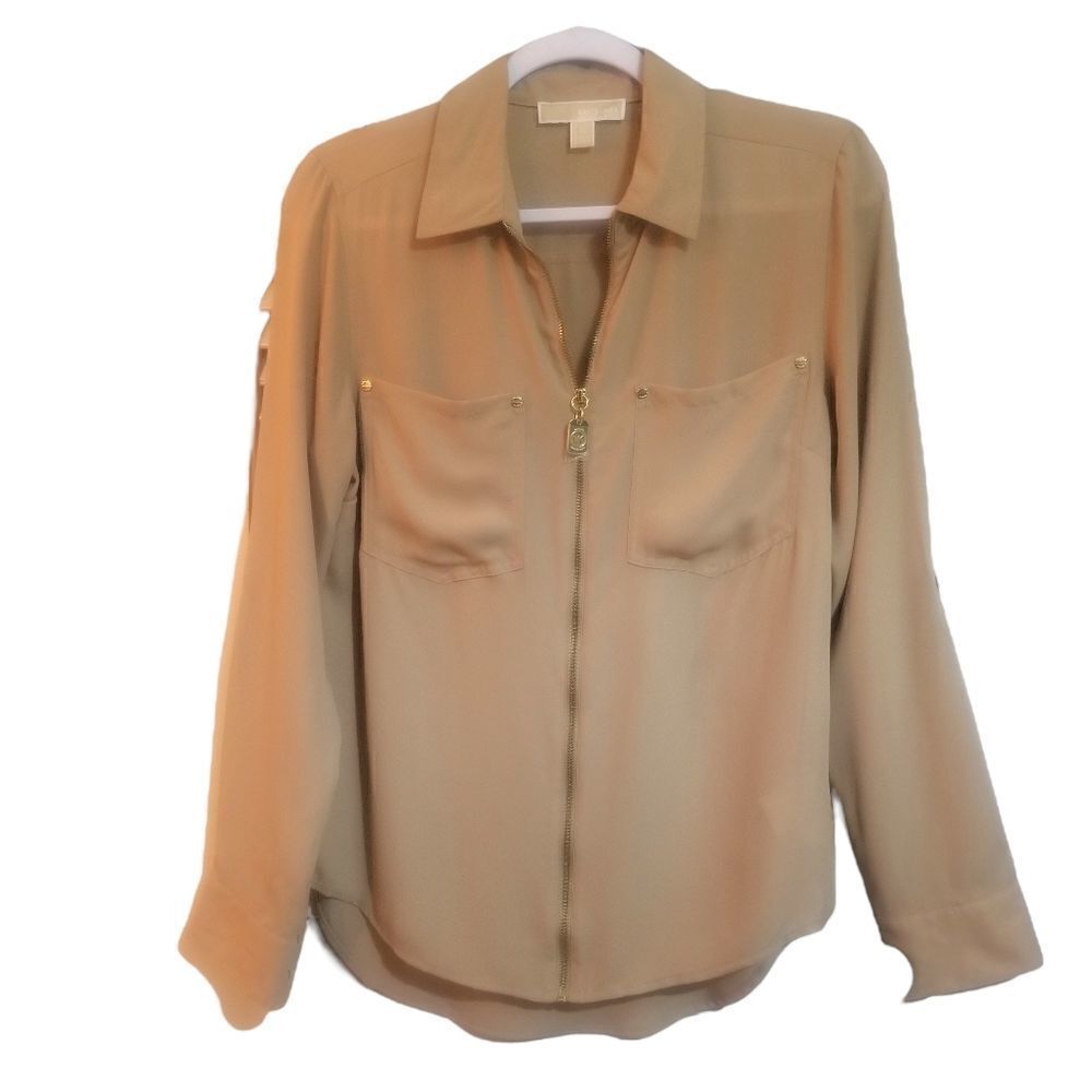 Michael Kors | Long Sleeve | Tan | Zip Front | Blouse with Pockets | NWOT | Sm